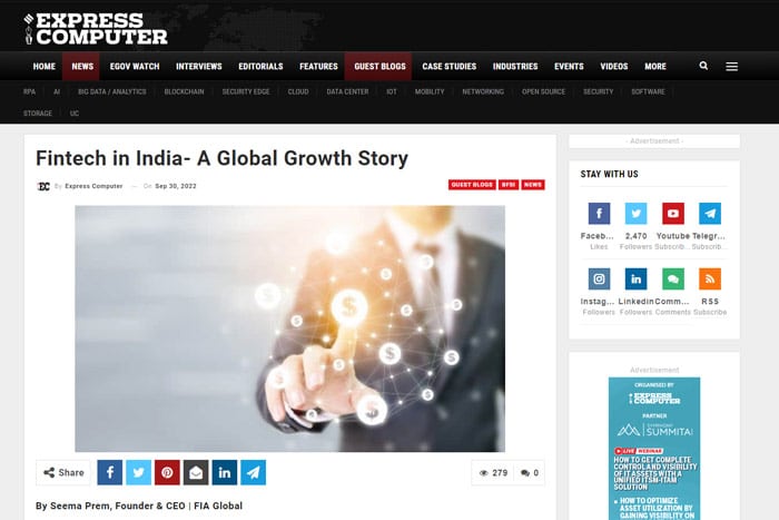 Express Computer Article Fintech in India- A Global Growth Story
