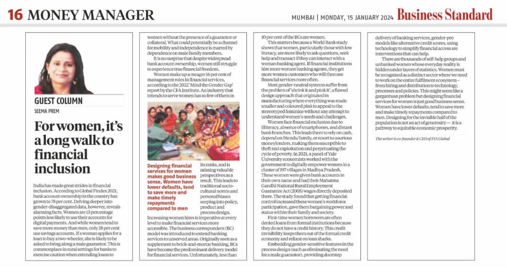Printed Copy of For women, it's a long walk to financial inclusion - Business Standard article