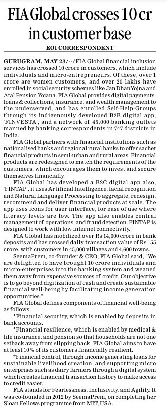 Newspaper article outlining FIA Global's growth and crossing the 10 crore customers milestone