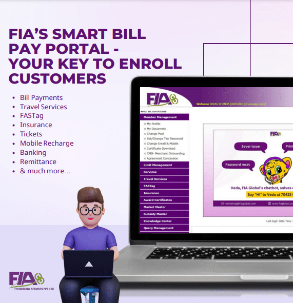 FIA Smart Bill Pay Portal graphic of computer with man using the portal